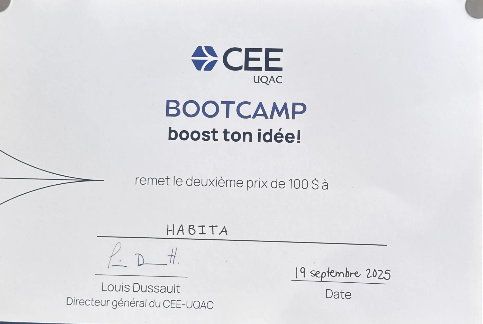 CEE-UQAC certificate: the “boost ton idée!” bootcamp awards its second prize to HABITA, dated September 19, 2025.