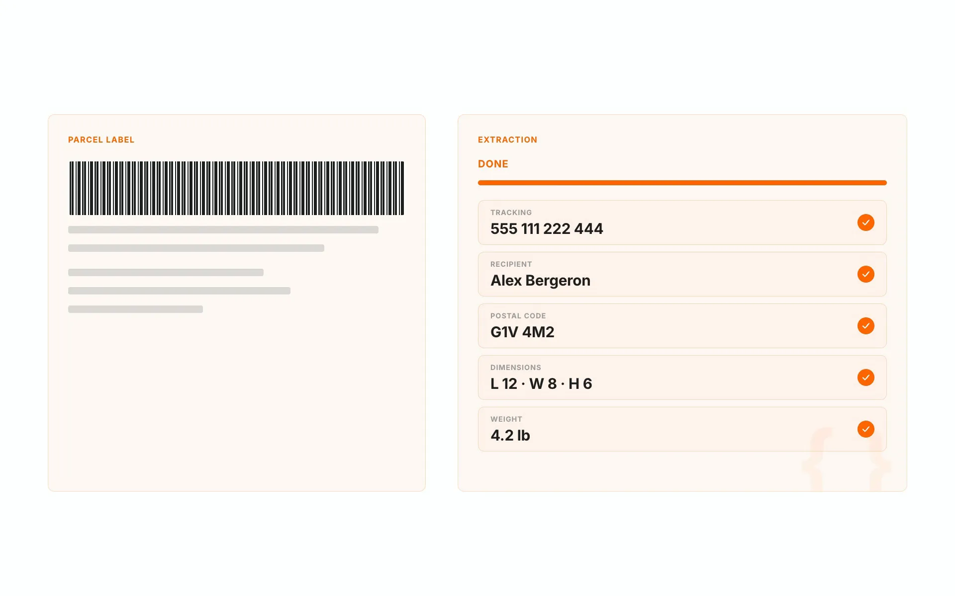 Parcel Vision extracting a parcel label: tracking number, recipient, postal code, dimensions and weight, each ticked. Sample data.