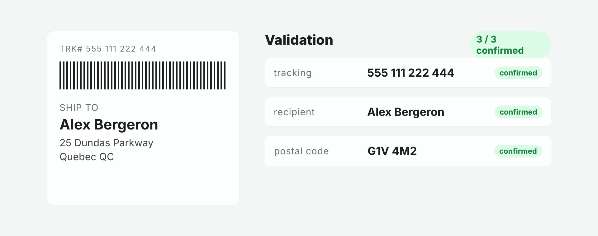 Validation screen: the label on the left; tracking number, recipient and postal code on the right, each marked confirmed. Sample data.